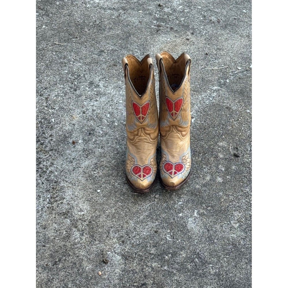 Corral Teens Tan Leather Peace Heart Wing Western Boots A1031 Size 5T